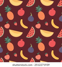 Fondo de frutas y bayas, comida abstracta, patrón sin fisuras. Fondo de pantalla de fruta fresca con sandía larga, dinamita, higo, fresa, textos iconos. Ilustración vectorial de comida vegetariana. EPS10.