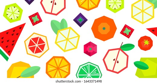 Fruit berry background in geometric style. Vector illustration. Polygonal fruits. Raspberry grapefruit strawberry Apple orange pear tomato lemon kiwi lime blueberry BlackBerry. Collection of fruits