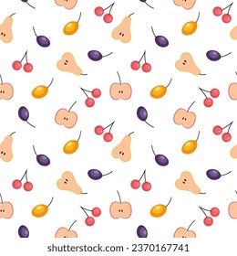 Fruit and berry background, seamless pattern. Fresh fruits seamless pattern with apple, pear, plum, cherry. Vegetarian grocery vector illustration. Red, yellow, purple, orange colors, white background