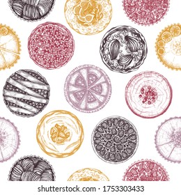 Fruit and berry baking cakes seamless pattern. Hand drawn desserts backdrop. Homemade cakes recipe drawing. Sweet bakery vintage background. For food delivery, recipe, cafe menu design.