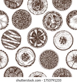 Fruit and berry baking cakes seamless pattern. Hand drawn desserts backdrop. Homemade cakes recipe drawing. Sweet bakery vintage background. For food delivery, recipe, cafe menu design.