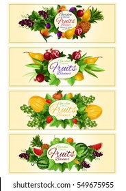 Fruit and berry banner set with apple, strawberry, orange, grape, pineapple, peach, plum, watermelon, mango, pear, melon and leaves placed around oval frame with copy space