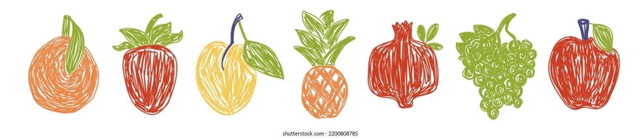 Fruit and berry bundle. Orange, strawberry and plum. Pineapple, apricot and pomegranate. Grape and apple. Color illustration collection. Vector set. Pen or marker doodle drawing