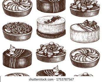 Fruit and berry cakes seamless pattern. Hand drawn baking cakes and pies backdrop. Homemade fruit dessert recipe drawing. Vector cakes background for food delivery, homemade recipe, cafe menu design