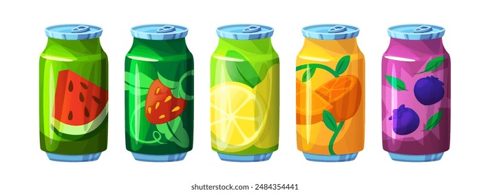 Soda carbonatada de frutas y bayas en lata. Variedad de refrescos refrescantes de jugo. Limonada de azúcar de verano con diferentes sabores. Conjunto de Ilustración vectorial de dibujos animados de recipiente de agua mineral tónica.