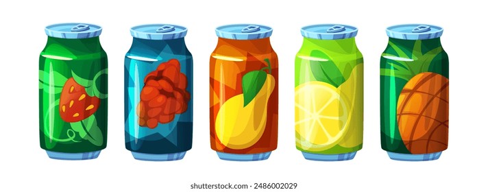 Fruit and berry carbonated soda in tin can. Assorted cool fizzy juice beverage. Summer sugar lemonade with different flavors. Cartoon vector illustration set of tonic mineral water container.