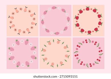 Vorlagensatz Obst und Berry Card. Niedliche handgezeichnete Sommer Juicy Kranz Sammlung mit pastellfarbenen Birne Himbeer Apfel Erdbeere Pfirsich Kirsche und Blüten. Leere quadratische Layouts