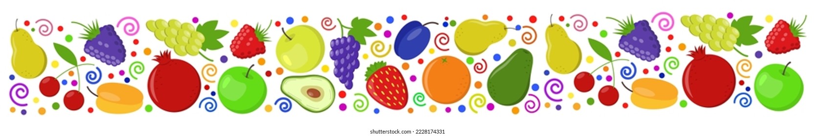 Fruit berry cartoon panoramic banner. Fresh raspberry strawberry blackberry, bramble, dewberry grapes lemon peach pomegranate cherry apricot apple pear plum orange avocado. Healthy food flat on white