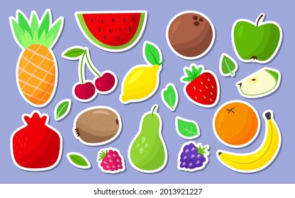 Fruit and berry cartoon sticker label icon set for design. Watermelon, strawberry, pear, kiwi, pineapple, blackberry, raspberry, lemon, pomegranate, coconut, apple slice and cherry orange banana