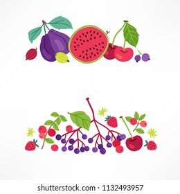 Fruit and berry compositions with plum, watermelon, cherry, gooseberry, black currant, wild strawberry, elderberry and cranberry. Perfect for summer greeting cards, holiday decoration