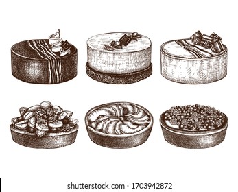 Fruit and berry desserts collection. Hand drawn baking cakes and pies. Homemade fruit dessert recipe drawing. Sweet bakery set. Top view cakes for food delivery, homemade recipe, cafe menu design.