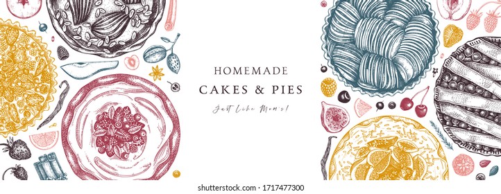 Fruit and berry desserts vintage banner. Hand drawn baking cakes and pies isolated on white. Homemade fruit dessert recipe design. Top view cakes  for web, food delivery, cafe menu template.