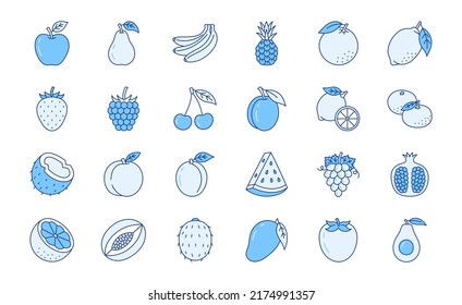 Fruit and berry doodle illustration including icons - strawberry, apple, pineapple, raspberry, pomegranate, avocado, coconut. Thin line art about healthy organic food. Blue Color, Editable Stroke