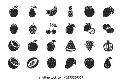 Fruit and berry doodle illustration including flat icons - strawberry, apple, pineapple, pomegranate, avocado, watermelon, coconut. Glyph silhouette art about healthy organic food. Black color