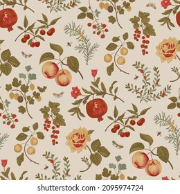 Fruit, Berry And Flowers. Autumn Seamless Pattern. Vector Vintage Illustration 