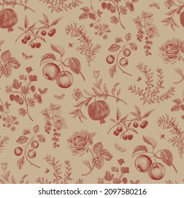 Fruit, berry and flowers. Autumn seamless pattern. Vector vintage illustration. Red and beige 