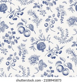 Fruit, berry and flowers. Autumn seamless pattern. Vector vintage illustration. Blue and white