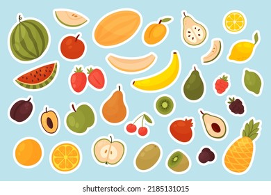 Fruit and berry, food stickers set vector illustration. Cartoon slices and whole apple raspberry lemon orange banana strawberry watermelon pear pineapple blackberry plum isolated on blue background