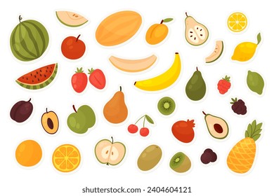 Fruit and berry, food stickers set vector illustration. Cartoon slices and whole apple raspberry lemon orange banana strawberry watermelon pear pineapple blackberry plum isolated on blue background