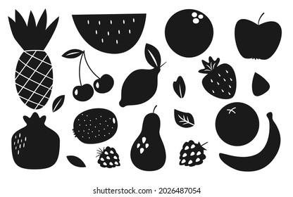 Fruit and berry glyph silhouette black icon set for design. Watermelon, strawberry, pear, kiwi, pineapple, blackberry, raspberry, lemon, pomegranate, coconut, apple slice and cherry orange banana