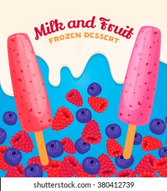 Fruit and berry ice creams, frozen desert. Vector illustration. Delicious cold dessert. Sweet cold Snack