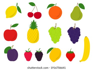 Juego de iconos de frutas y bayas. Naranja fresca, manzana, plátano, limón, pera, cereza, mango, piña, ciruela, fresa, frambuesa y morera. Ilustración vectorial.