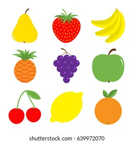 Fruit berry icon set. Pear, strawberry, banana, pineapple, grape, apple, cherry lemon, orange Fresh farm healthy food. Education card for kids Flat design White background Isolated Vector illustration