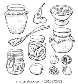 Fruit and berry jam hand drawn illustrations set. Strawberry, apricot sketches pack. Tasty homemade confiture in glass jar isolated cliparts collection. Summer harvest design elements collection