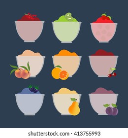 Fruit berry jam. Pear, orange, kiwi, cherry, peach, plum, strawberry. Vector illustration