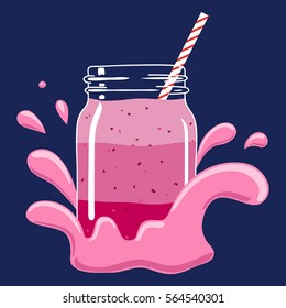 Fruit and berry layered smoothie in mason jar with striped straw in a splash of yoghurt. Fresh natural berry drink, isolated. Vector hand drawn illustration eps10.