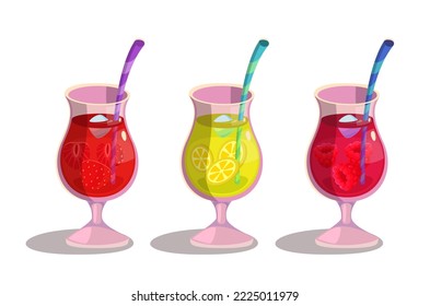 Fruit and berry lemonade set. Vector illustrations of fresh drink in glass cups with straws. Cartoon beverages with raspberry, strawberry or lemon isolated on white. Summer cocktails menu concept