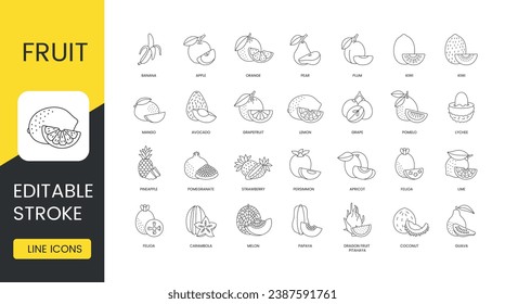 Fruit and berry line icon set in vector, editable stroke, dragon fruit pitahaya and banana, coconut and guava, melon and papaya, carambola and feijoa, strawberry and pomegranate, apricot and persimmon