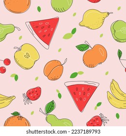 Fruit and berry pattern, doodle style. Food, drawing, sketch. Seamless vector pattern, background . Illustration of colored .	