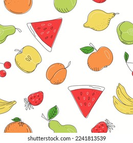 Fruit and berry pattern, doodle style. Food, drawing, sketch. Seamless vector pattern, background . Illustration of colored .	