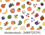 Fruit and berry pattern. Seamless background, healthy summer food mix, repeating print. Texture design with banana, strawberry for wrapping, fabric, textile, wallpaper. Flat vector illustration