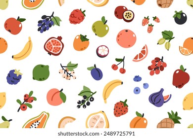 Patrón de frutas y bayas. Fondo inconsútil, mezcla saludable de la comida del verano, impresión repetida. Diseño de textura con plátano, fresa para envoltura, tela, textil, Fondo de pantalla. Ilustración vectorial plana