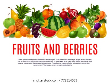 Fruit and berry poster of fresh farm product template. Orange, apple, pear and pineapple, banana, mango and peach, grapes, lemon and watermelon, kiwi, plum, melon and apricot fruit banner design