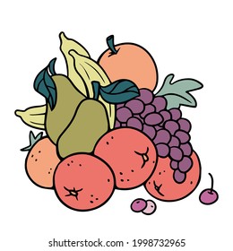 Fruit and berry pyramid cartoon set, icon. Set in the form of fruits dumped uphill. Vector illustration fun.