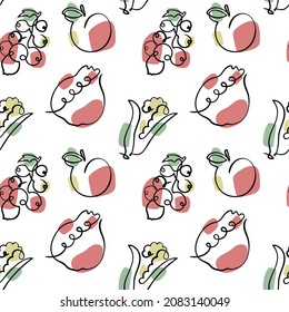Patrón de frutas y bayas sin costura. Garnet, maíz, melocotón y sketch de curry. Ilustración dibujada por mano