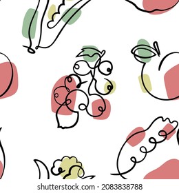 Fruit and berry seamless pattern. Garnet, corn, peach and currant sketch. Hand drawn  illustration