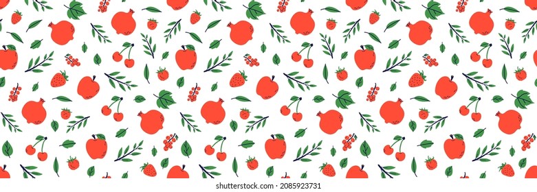 Fruit and berry seamless pattern. Garnet, strawberry and apple. Color illustration in hand-drawn style. Vector repeat background