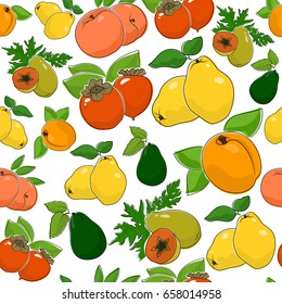 Fruit Berry Seamless Pattern , Juicy Peach and Sweet Apricot , Quince with Fresh Persimmon, Ripe Papaya and Avocado, Vector Illustration 