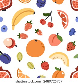 Fruta y baya, patrón sin fisuras. Comida de verano natural, fondo sin fin, diseño de textura. Plátano, fresa, naranja, estampado repetido. Ilustración vectorial plana para envolver, Fondo de pantalla, textil