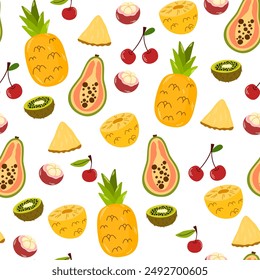 Fruta y baya, patrón sin fisuras. Comida de verano natural, fondo sin fin, diseño de textura. Piña, papaya, kiwi, cereza, impresión repetida. Ilustración vectorial plana para envolver, Fondo de pantalla, textil