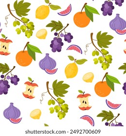 Fruit and berry, seamless pattern. Natural summer food, endless background, texture design. Grapes, orange, apple, fig, lemon, repeating print. Vector illustration for wrapping, wallpaper, textile