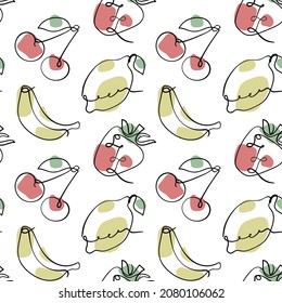 Fruit and berry seamless pattern. Strawberry, banana, cherry and lemon sketch. Hand drawn  illustration