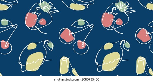Patrón de frutas y bayas sin costura. Fresa, plátano, cereza y limón. Ilustración dibujada por mano
