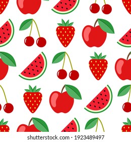 Patrón de frutas y bayas sin costura. sandía, cereza, manzana, fondo de fresa sin costura. Un bonito patrón. Ilustración de material vectorial