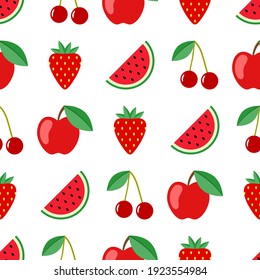 Patrón de frutas y bayas sin costura. sandía, cereza, manzana, fondo de fresa sin costura. Un bonito patrón. Ilustración de material vectorial