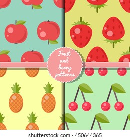 Fruit and berry seamless patterns set, summer patterns set, apple, strawberry, pineapple, cherry patterns